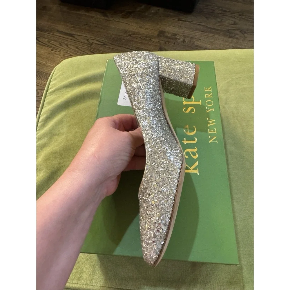 Kate Spade Dolores‎ Silver Gold Glitter Block Heel Pumps Women Size 6 Display